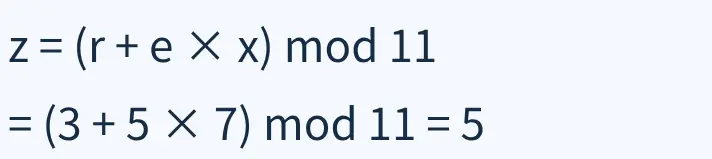 Schnorr解説の実画面の計算部分。z=(3+5×7)を11で割った余りとして5と計算する。
